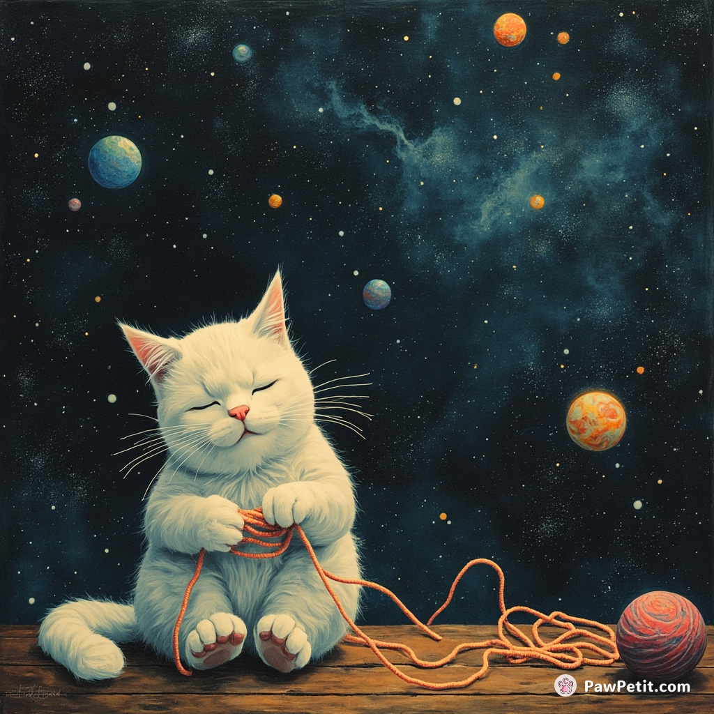 Giant cosmic cat knitting galaxies in a nebula workshop.