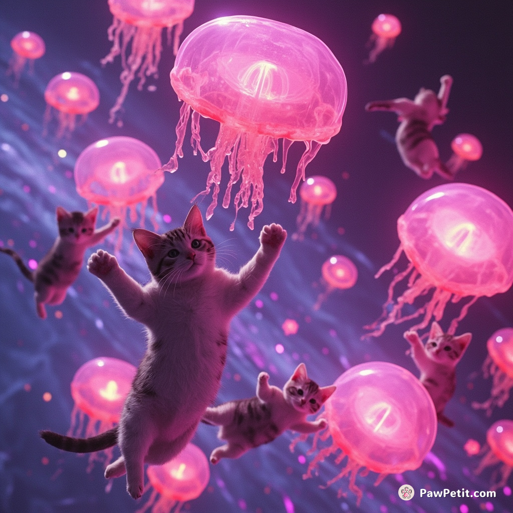 A cluster of cats skydiving while moulding massive jelly stars with telekinetic powers