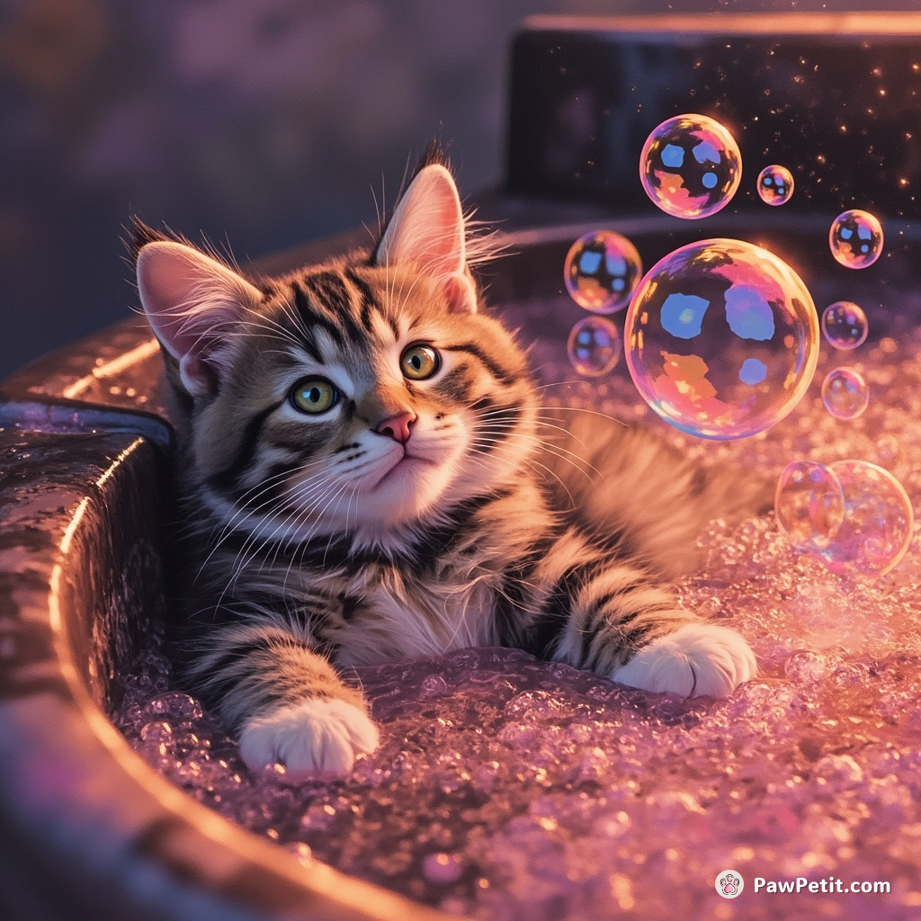 Cat immersing in a molten chocolate hot tub while blowing neon bubbles.