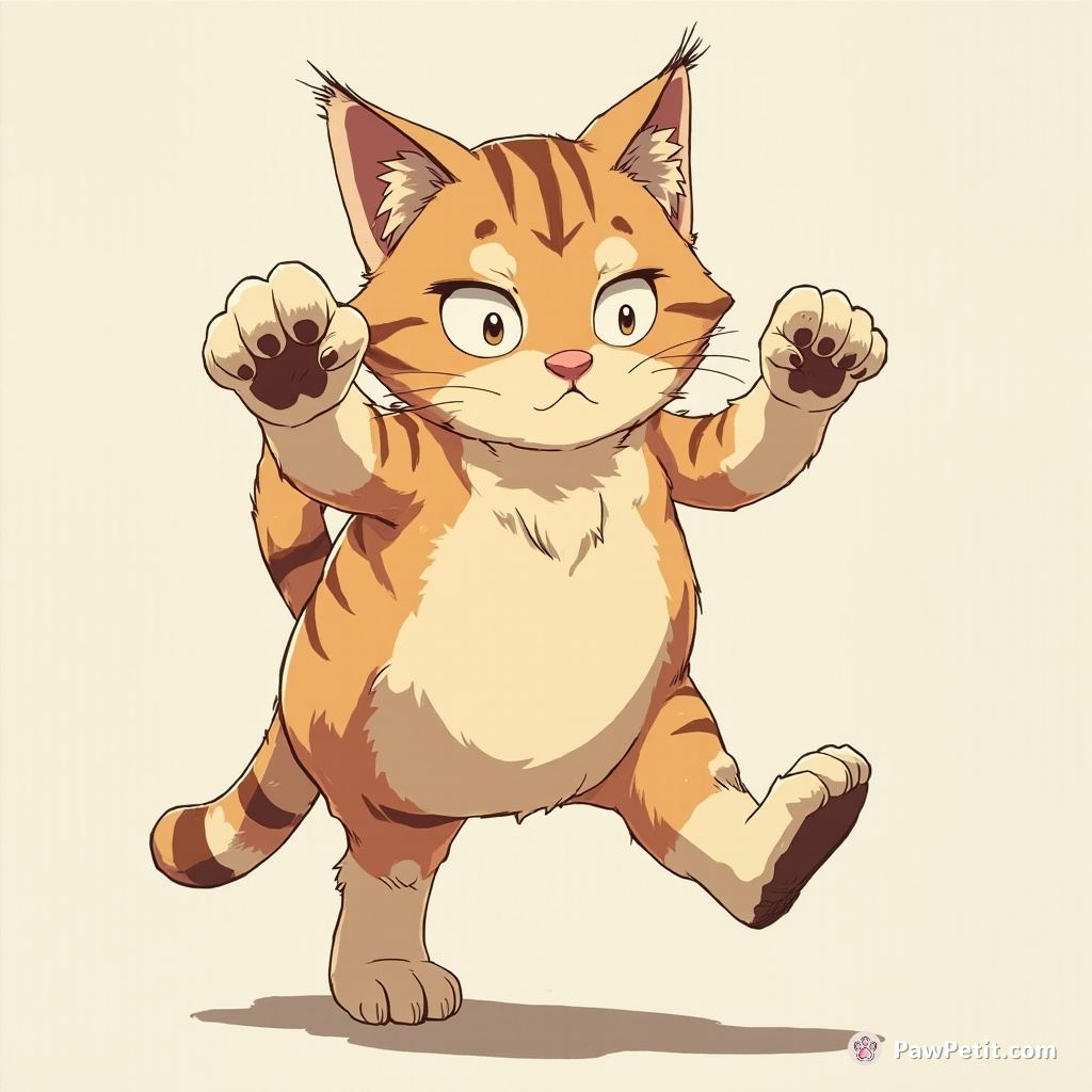 A cat with an overly serious demeanor strides purposefully, mimicking human actions with exaggerated poise.
