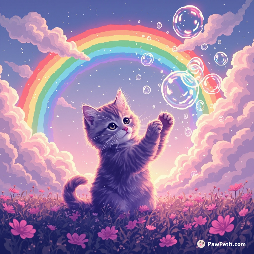 A lavender-furred cat playfully conjuring bubbles from thin air in a mysterious meadow under hyper-realistic rainbow clouds.