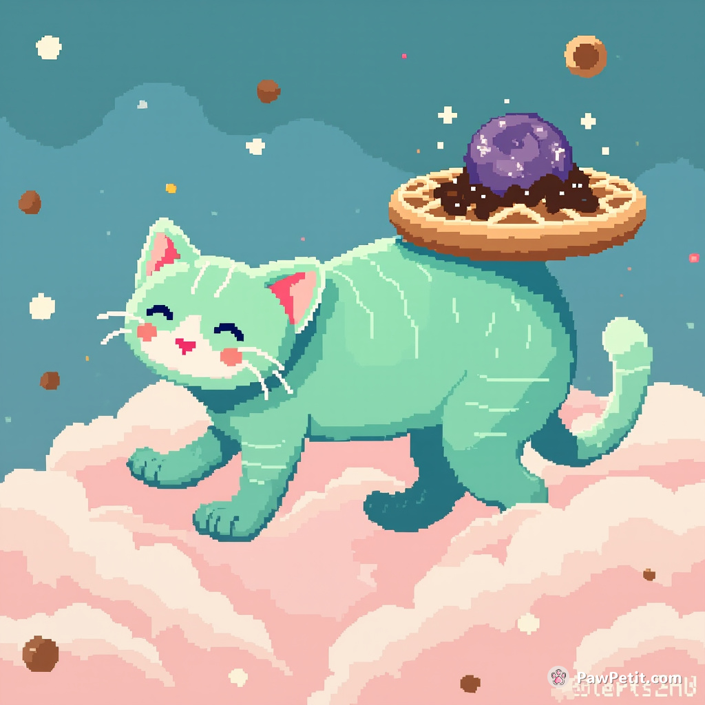A teal cat balancing a mini galaxy on its tail, drifting along a soft pink cloud enjoying chocolate waffles.