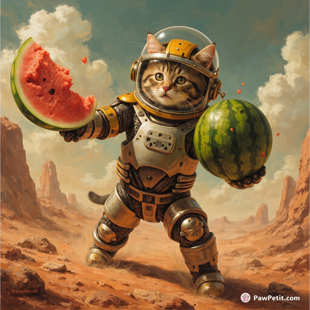 Watermelon-hurling cat in a robot suit winning the grand watermelon-throwing championship on Mars.