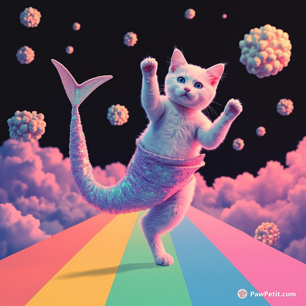 A cat-mermaid hybrid doing cartwheels on a rainbow road in outer space with popcorn asteroids.