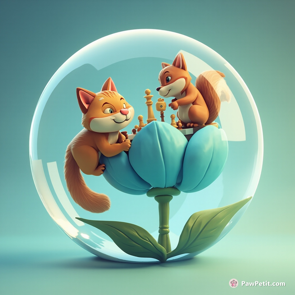 A cat playing chess with a squirrel on top of a floating blue tulip, inside a giant crystal ball.