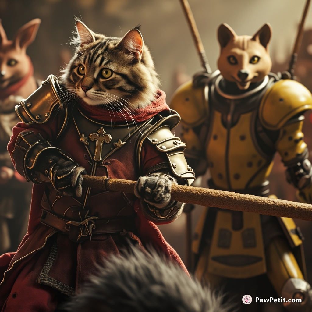 A cat jousting on a schnell against robot marsupials in medieval space armor.