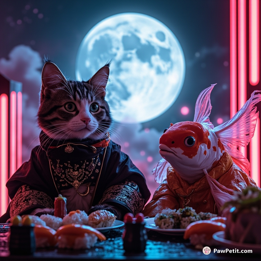 Moonlit cat protagonizing a cosmic sushi banquet attended by koi fish dressed in period dramas attire.