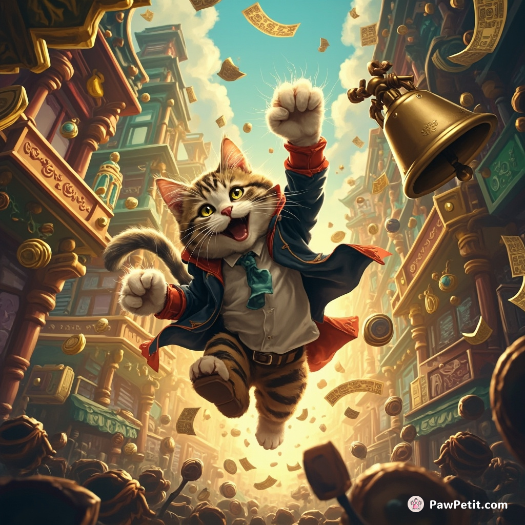 In a bustling stock exchange, whiskers trembling, a frantic cat streaks by after triggering the chaotic closing bell prematurely.
