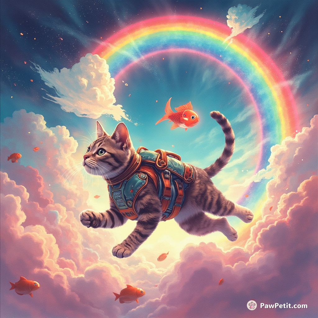 Cyborg cat chasing neon-fish through a rainbow time-loop portal in zero gravity.