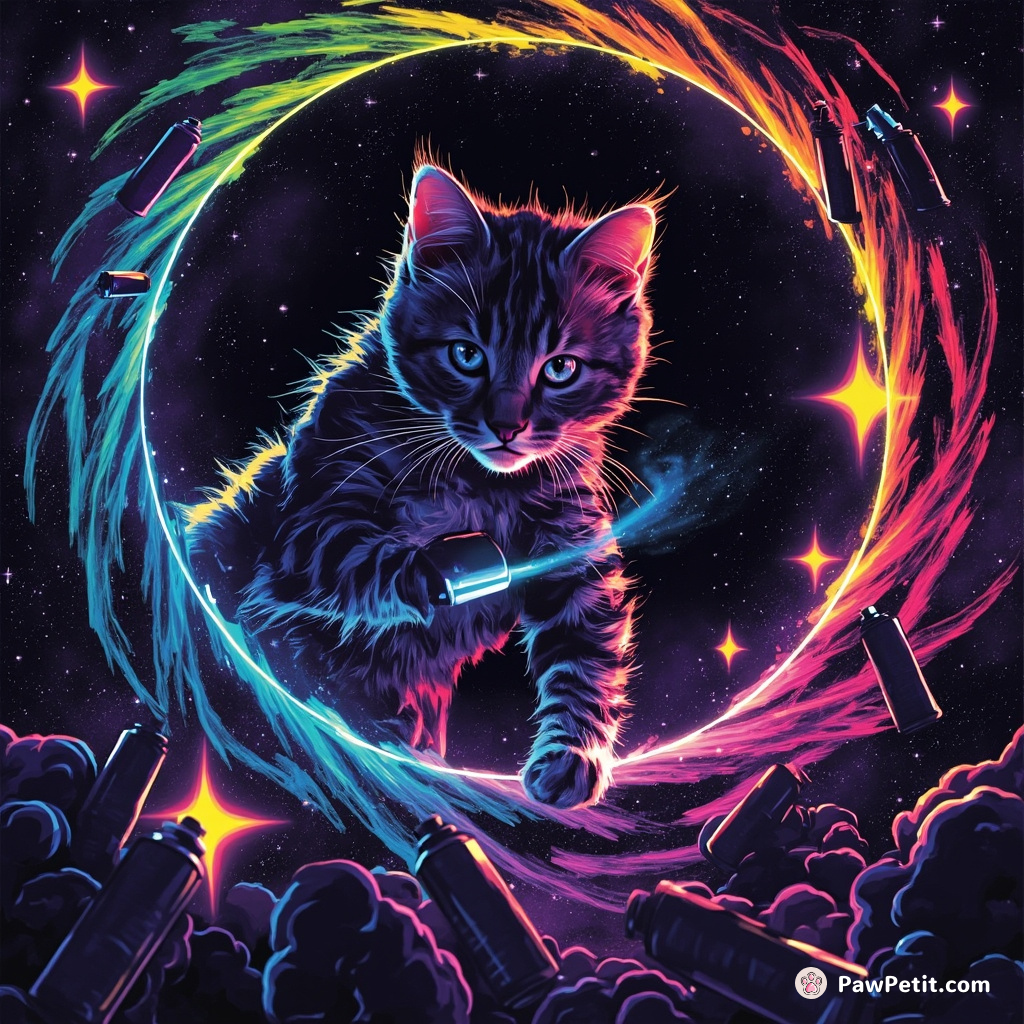 Neon graffiti artist cat spraying glow-in-dark stars onto a swirling rainbow-black hole, zero-gravity spray cans floating around.