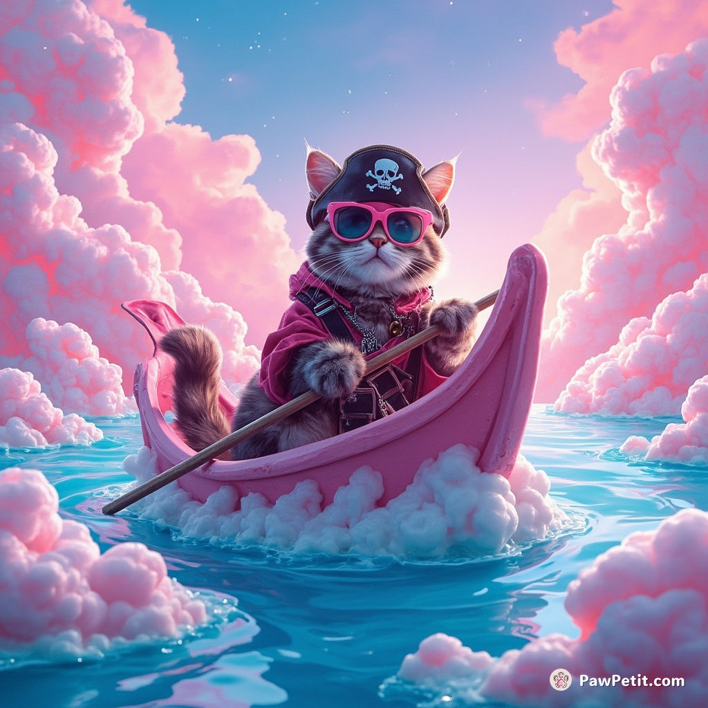 A pirate cat with a fishtail steering a fishbone ship on an ocean of milk under cotton candy clouds.