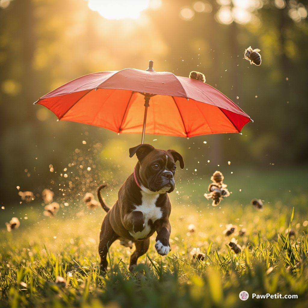 Frantically swaying umbrella, sociable Boxer eluded -- feline whirlwind lavishes sunlight-dappled meadow picnic-like frolic, battling wily beehive.