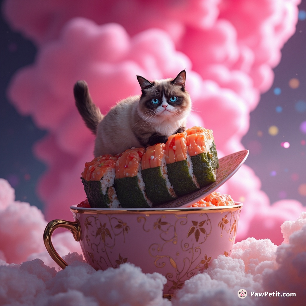 A grumpy cat surfing on a delicious, jumbo-sized sushi in the middle of an oversized teacup with a pink cosmic storm brewing overhead.