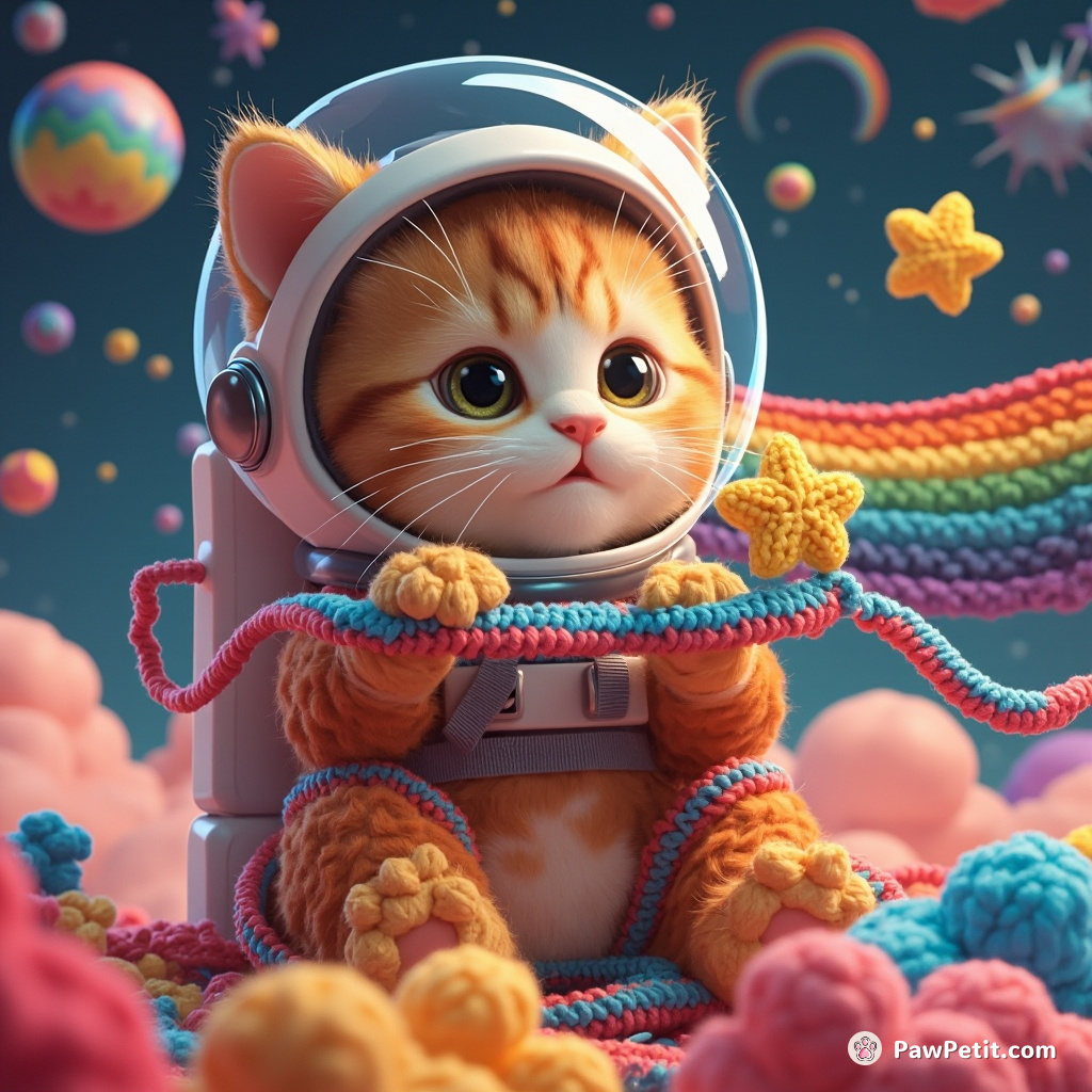 Cat wearing an astronaut suit, crocheting stars from a loom made of rainbows in zero gravity.