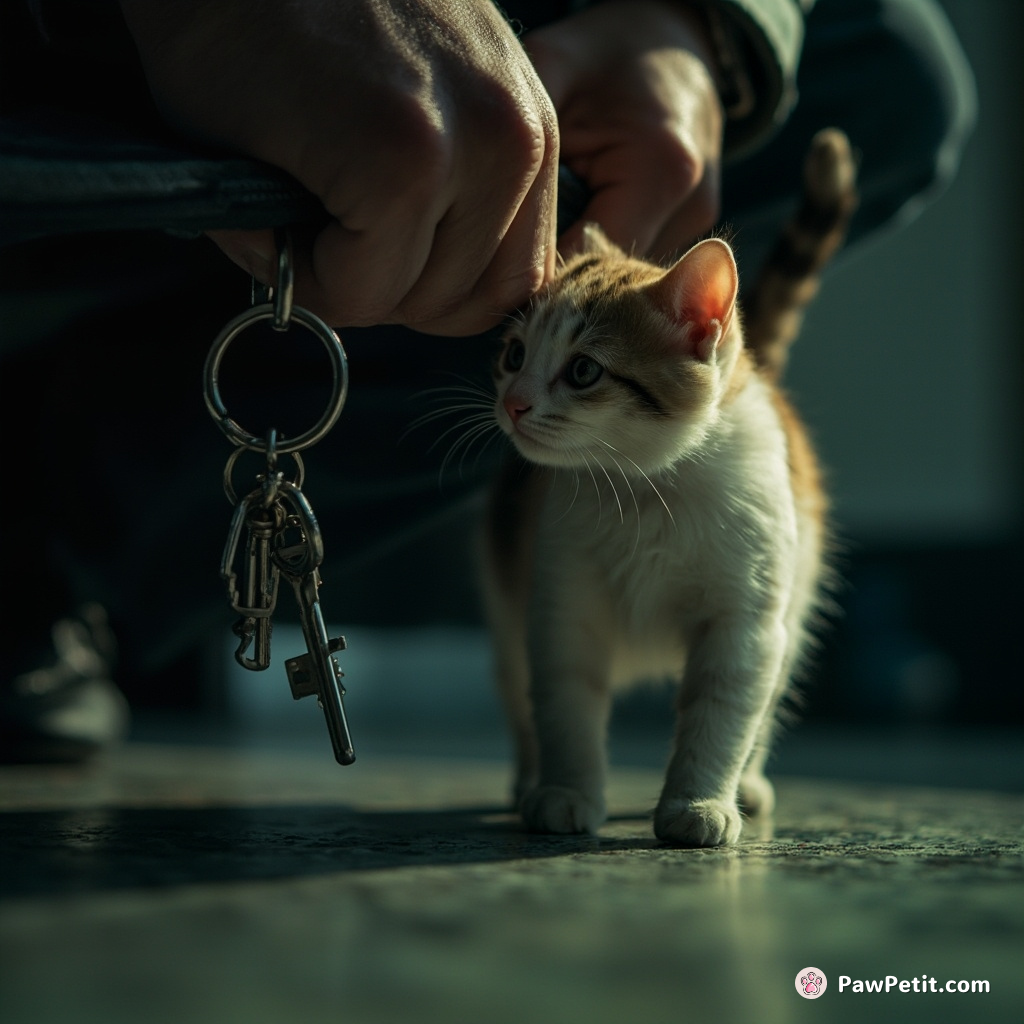 A cat deftly swipes a keychain from a human's bag, vanishing into the shadows.