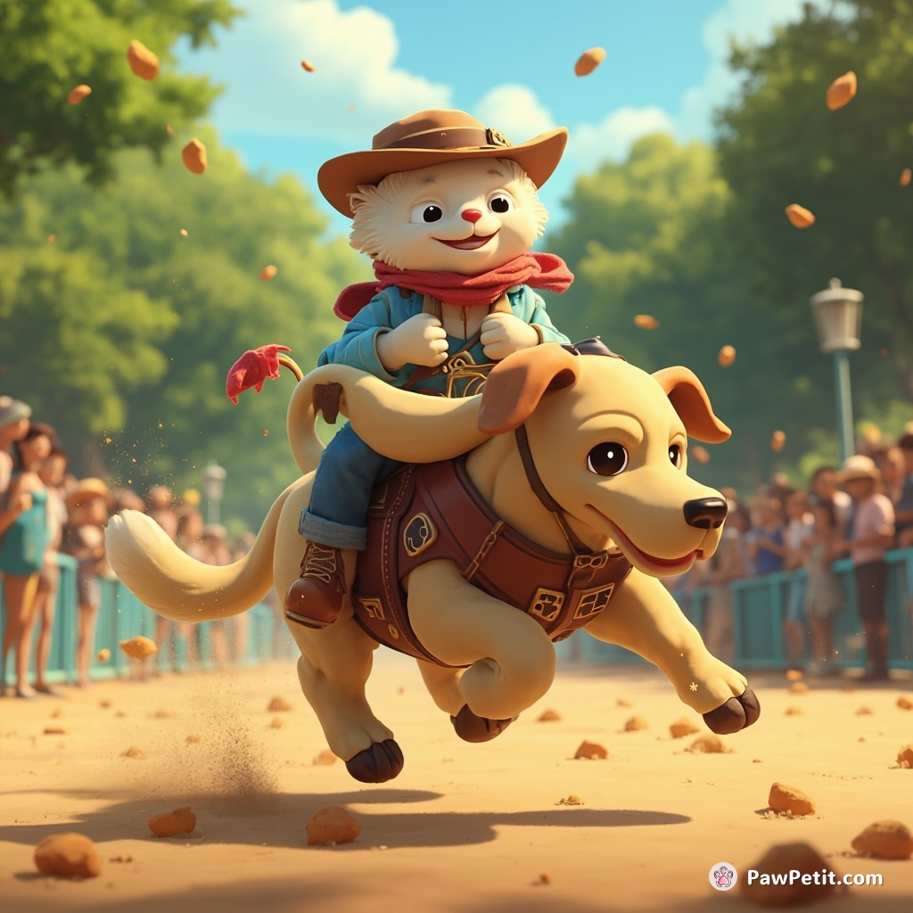 In an impromptu rodeo, a feisty feline bravely commandeered a Labrador; the makeshift bull-riding spectacle amused park-goers irrefutably.