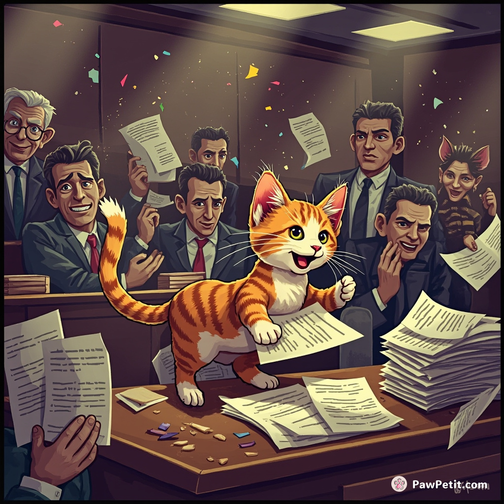In a chaotic courtroom, panicking amid shouting, an escaped pet cat timidly swipes stacks of legal documents from counsel's table.