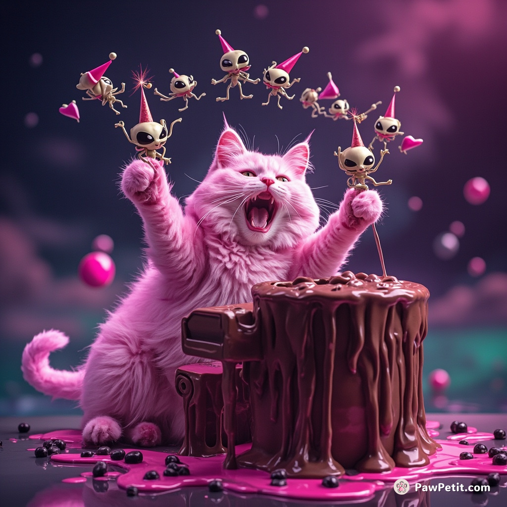 A neon pink cat triumphantly singing opera on a melting chocolate piano, while juggling miniature aliens in festive party hats.