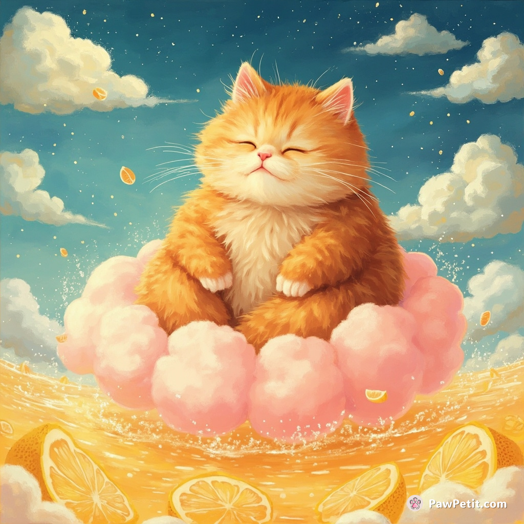 A chubby ginger cat meditating on a fluffly cotton candy cloud while floating over an ocean of sparkling lemonade.