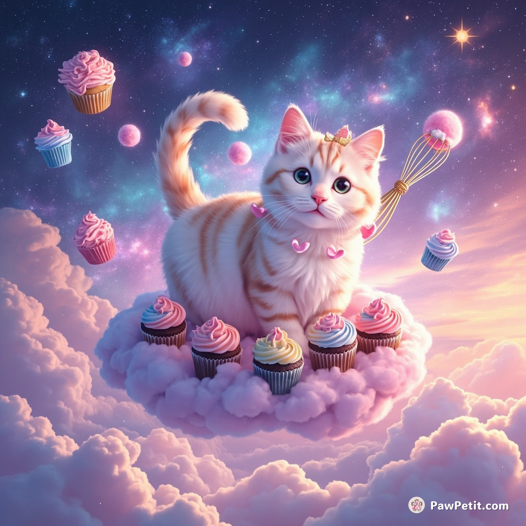 Magical cat floating on a whisk-shaped cloud, baking nebula cupcakes in reverse gravity.