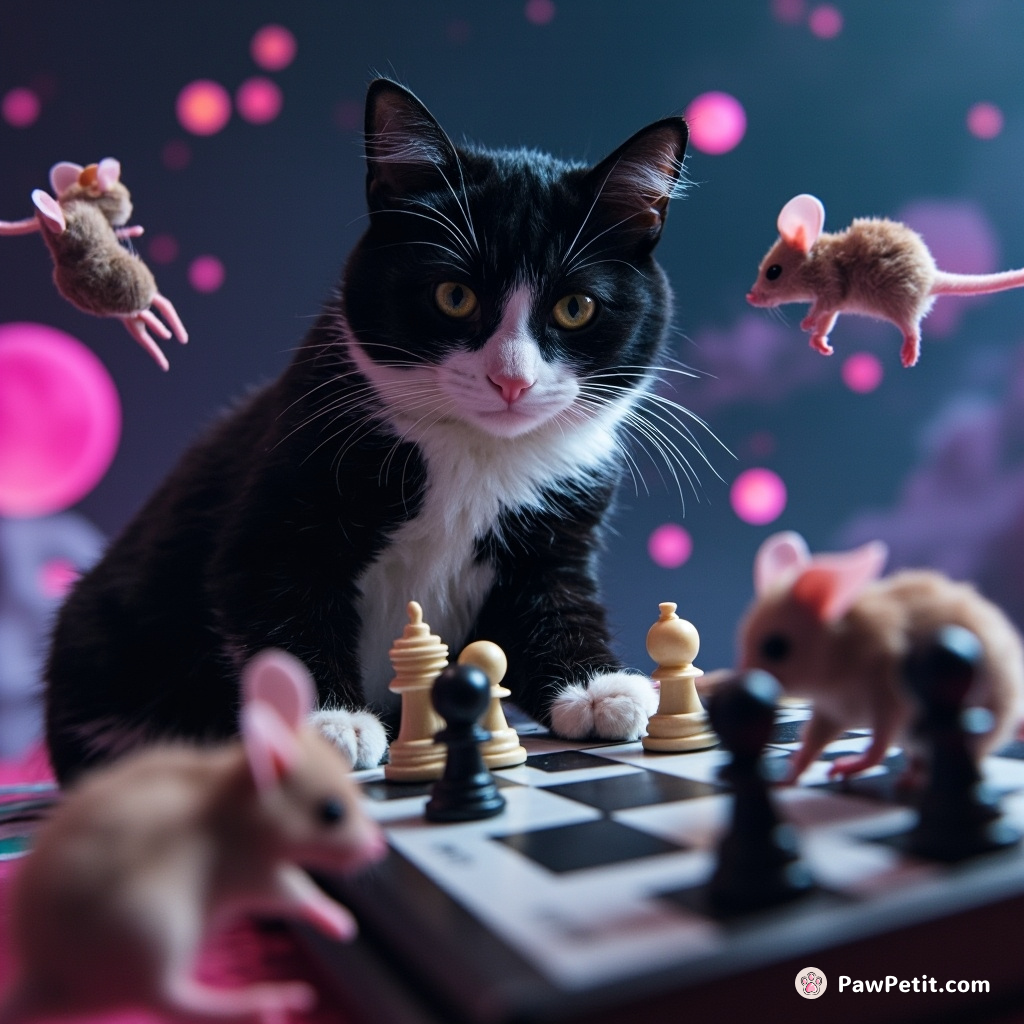 A tuxedo cat participating in an interstellar chess match against Martian mice, floating around in zero gravity.