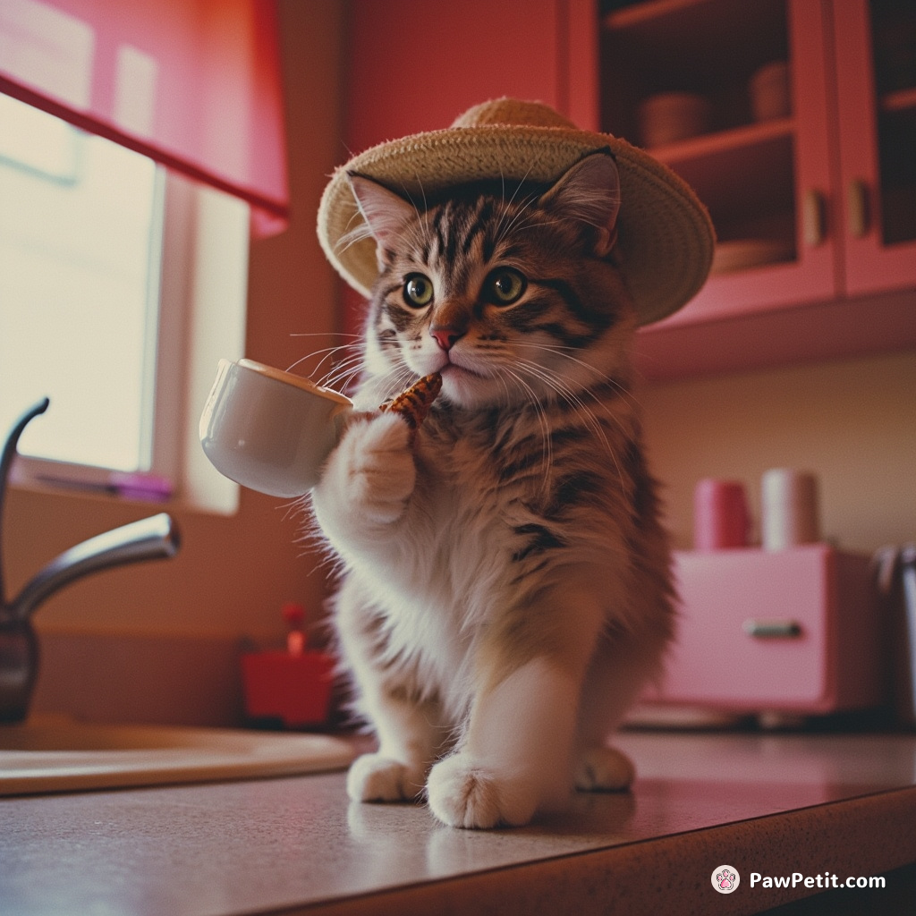 Whiskers dons a tiny hat, sips imaginary tea, and practices a feline version of the moonwalk on the kitchen counter.