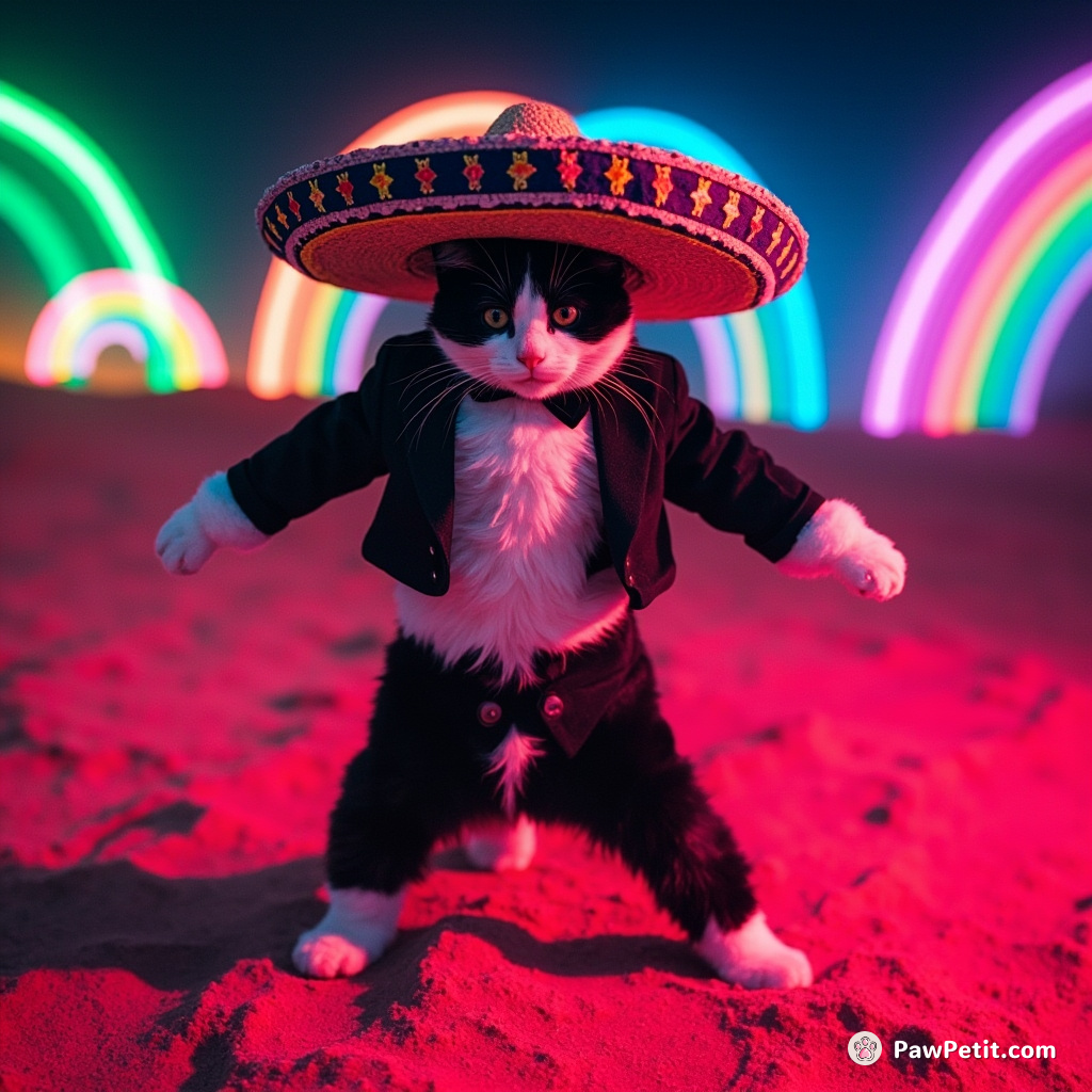 A tuxedo cat doing the flamenco dance around a multicoloured sombrero in a neon desert under five rainbows.