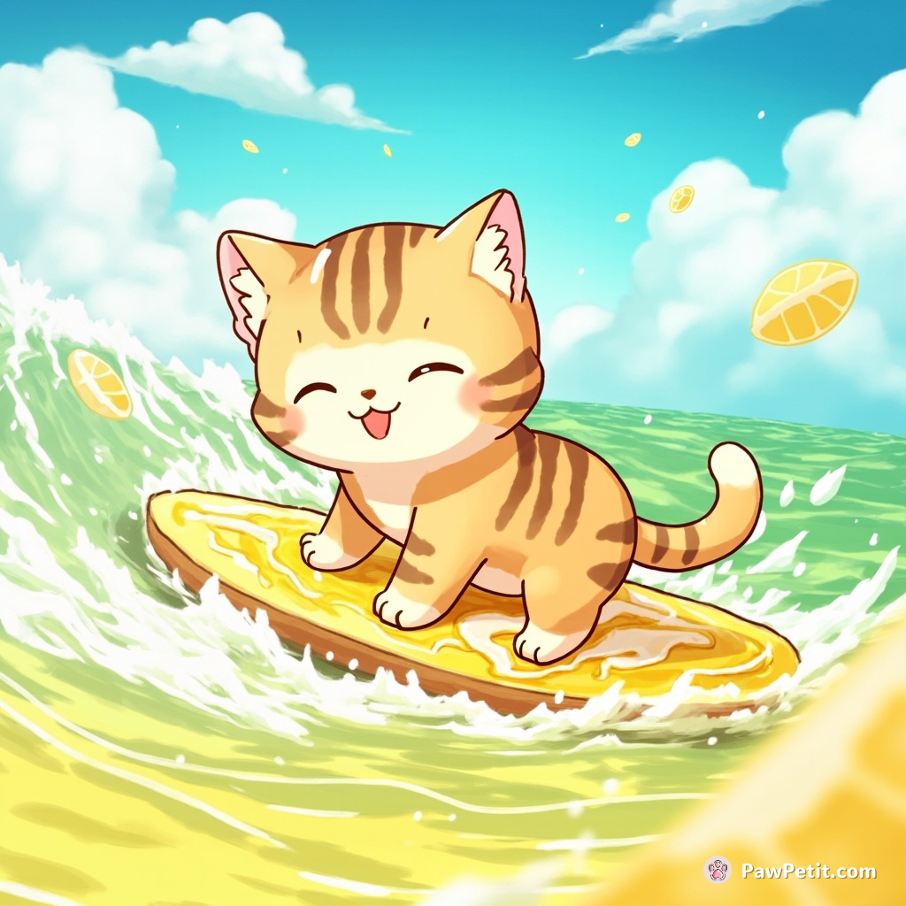 A tabby cat surfing on a grilled cheese sandwich in the middle of an ocean made of lemonade.