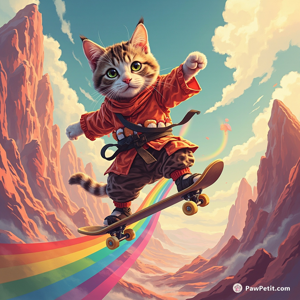 Cat skateboarding on a rainbow trail overpastel canyons while wearing ninja attire made of sushi.