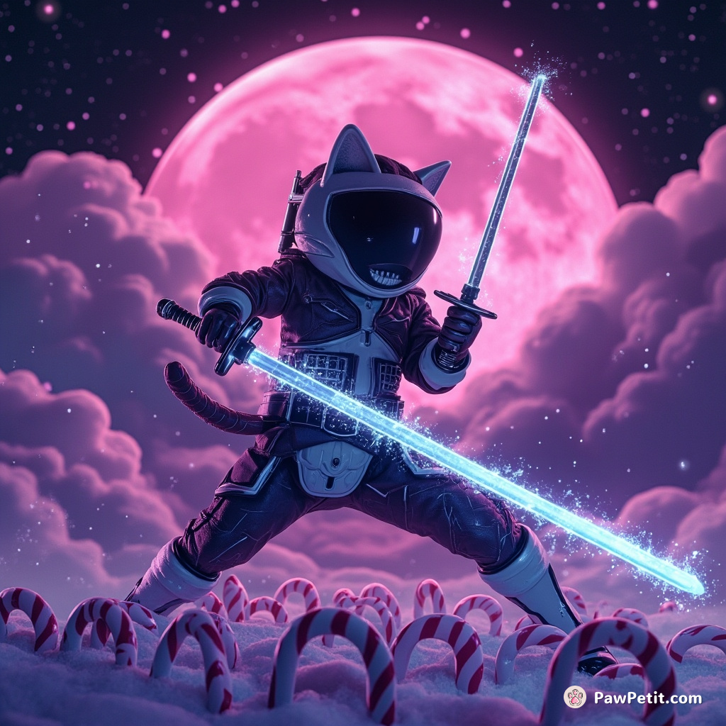 A grinning cat fencing with sparkling sword candy canes on a marshmallow moon.