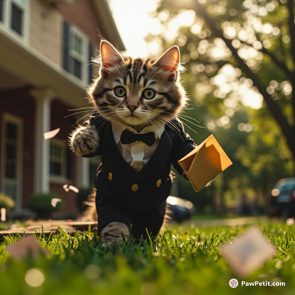 Strutting onto lawn's catwalk, Tabby mimics postman by stuffing mail in rented tuxedo just to scatter it downtown.