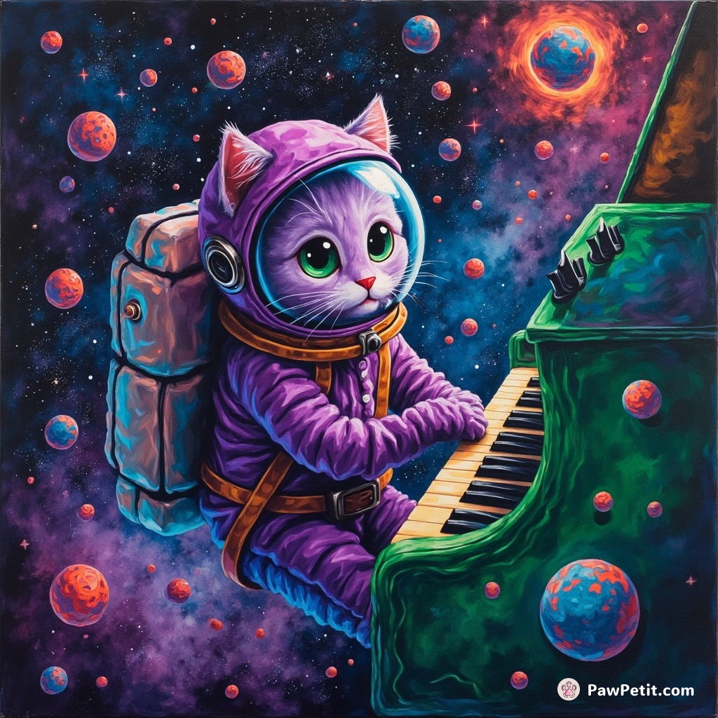A purple feline space explorer narrowly dodging precarious neon asteroids while playing an emerald-tinted intergalactic piano.
