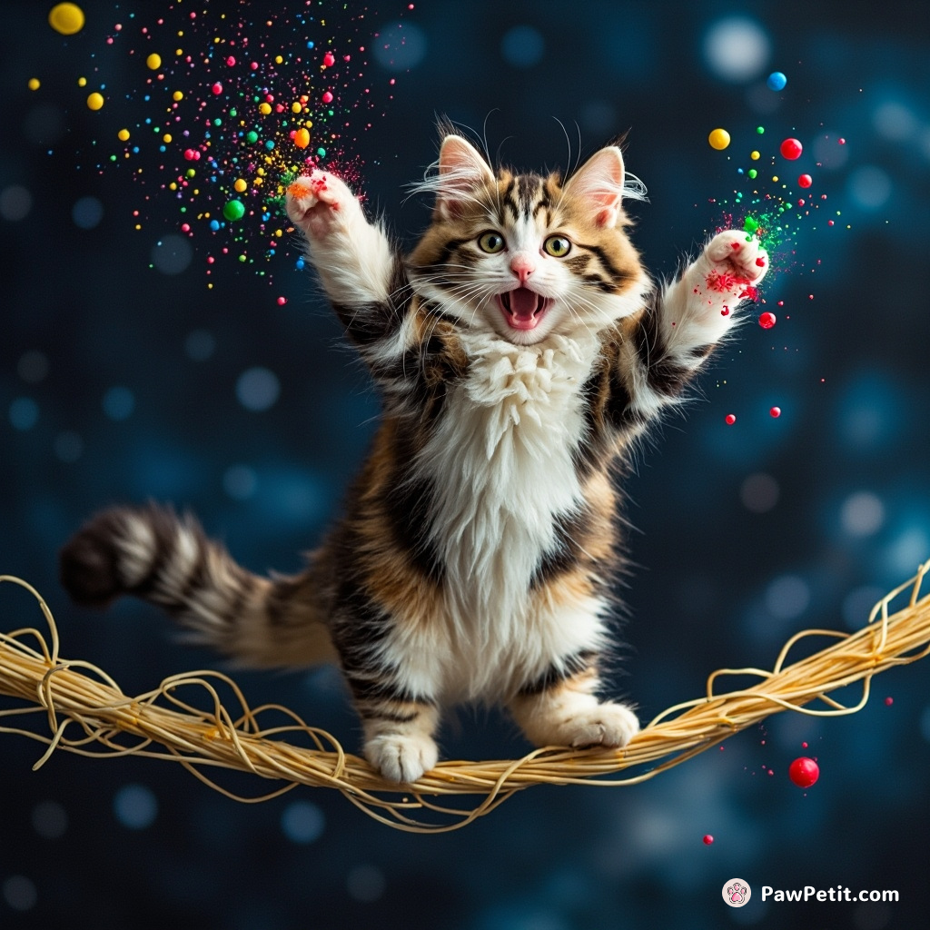 Splatter-paint cat dancing on a tightropeknot made of spaghetti in outer space.