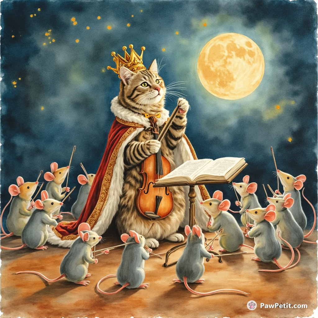 A royal tabby cat conducting a symphony orchestra of mice under a cheese moon.