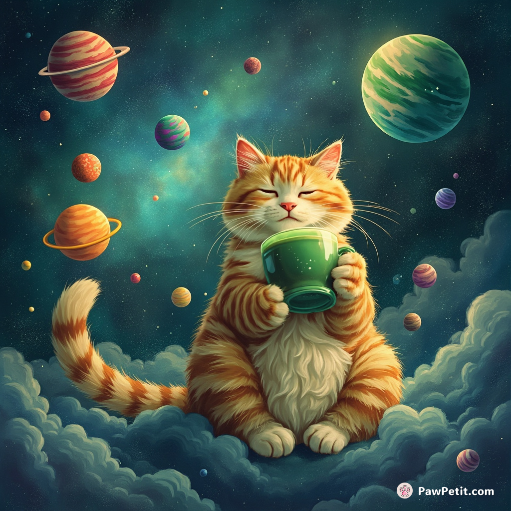 Cosmic cat casually balancing the planetary systems on its tail while sipping nebula-neon green tea.