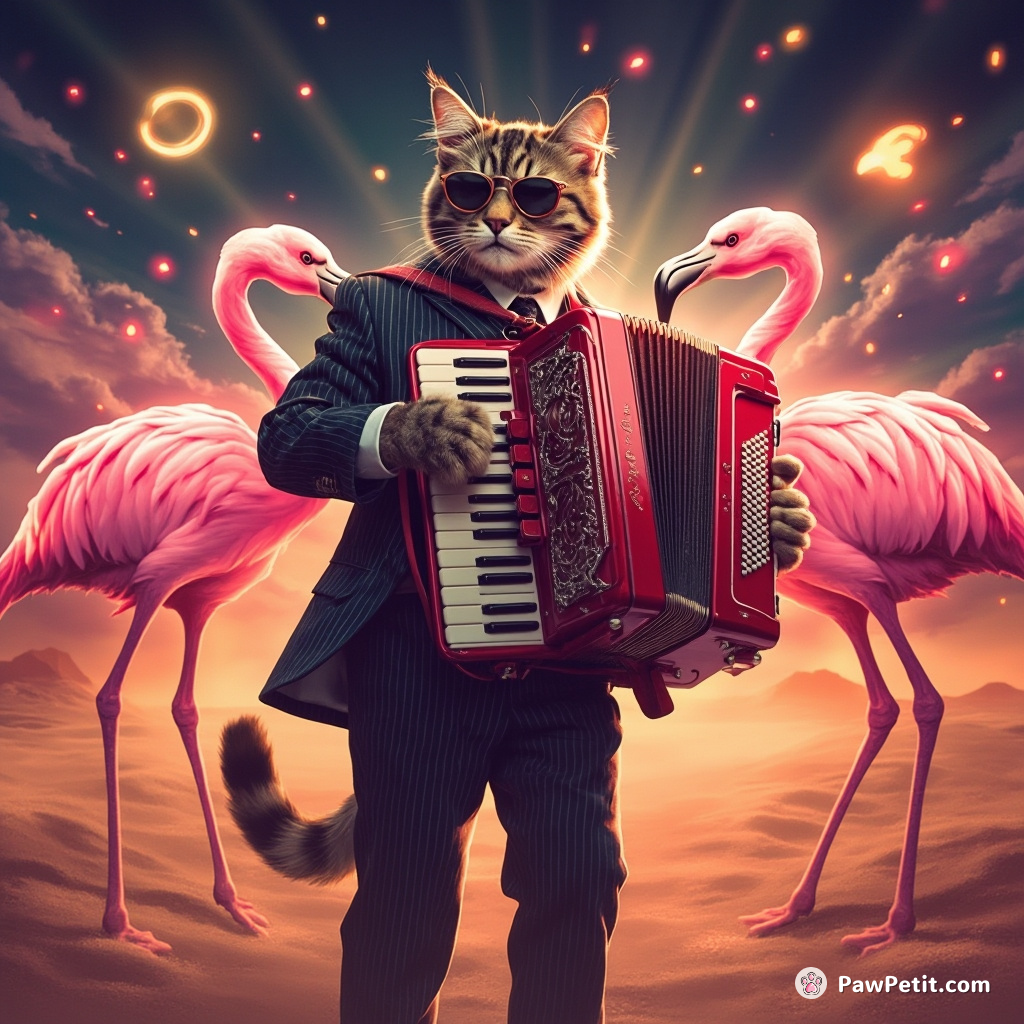 Cat in a dapper suit playing an oversized neon accordion with flamingos singing backup at a desert disco.