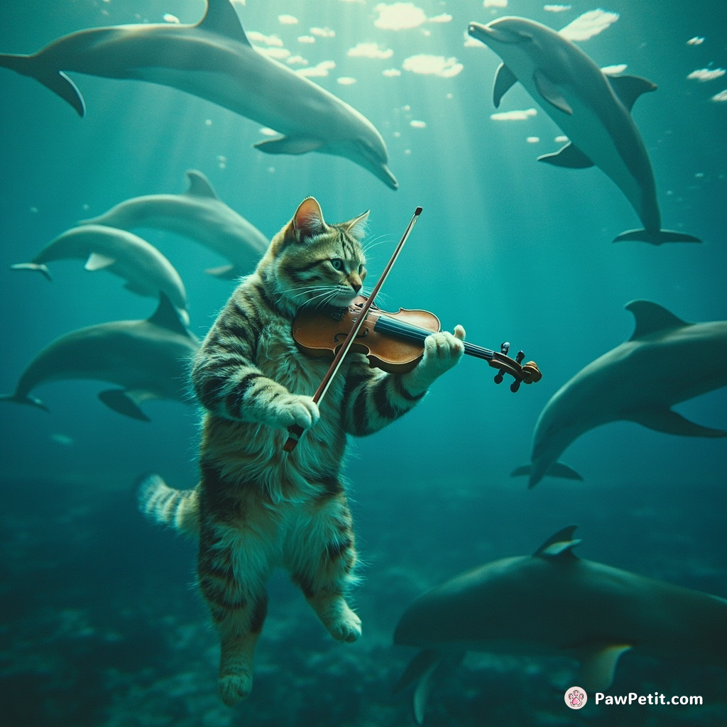 A cat conducting an underwater violin concerto for a choir of intrigued dolphins.