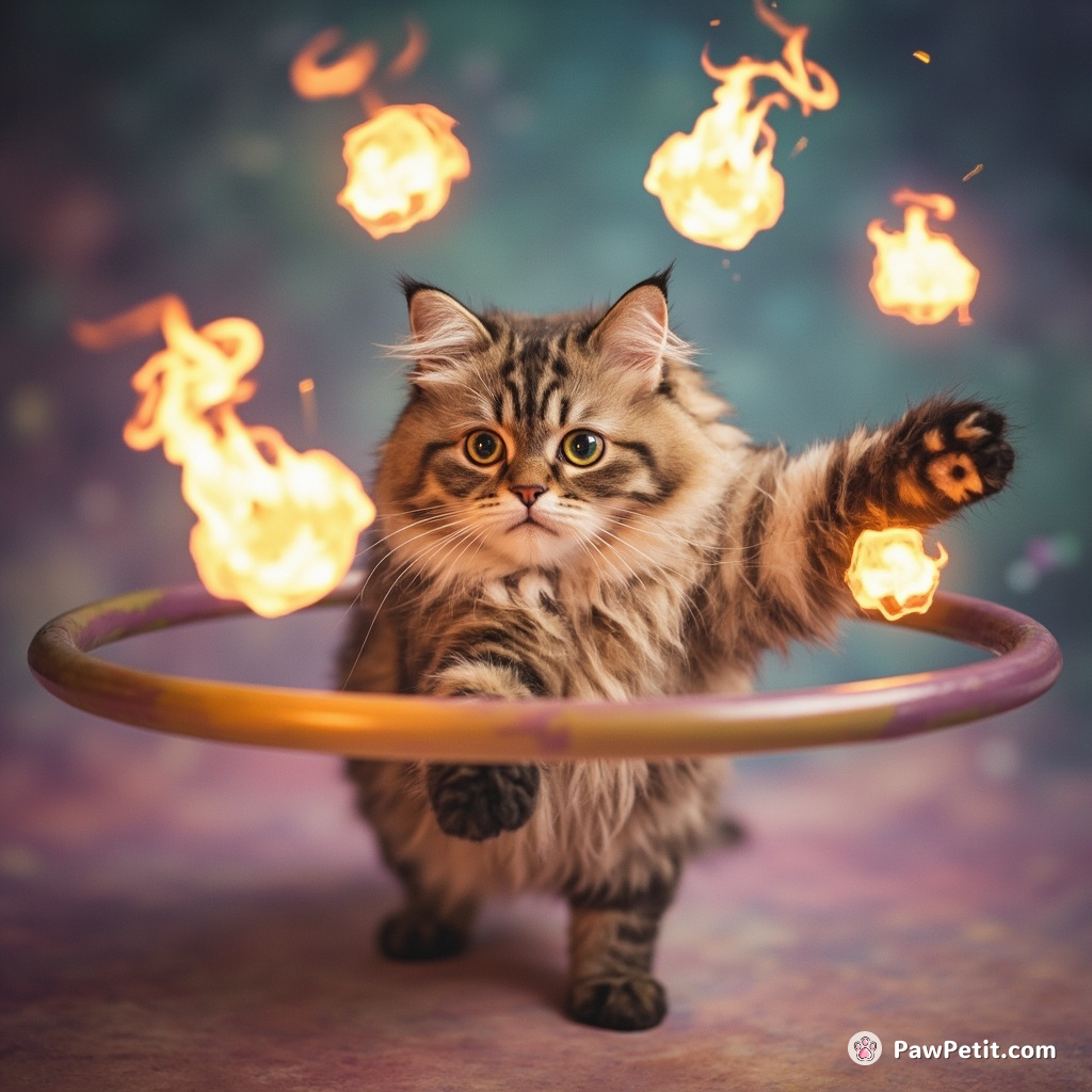 A three-eyed cat juggling lit fireballs while hula-hooping in a pastel galaxy.