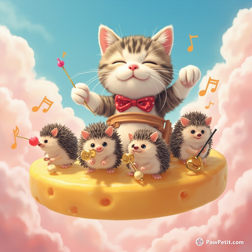 A cat conducting an orchestra of grape-sized hedgehogs on a floating cheese slice among cotton candy clouds.