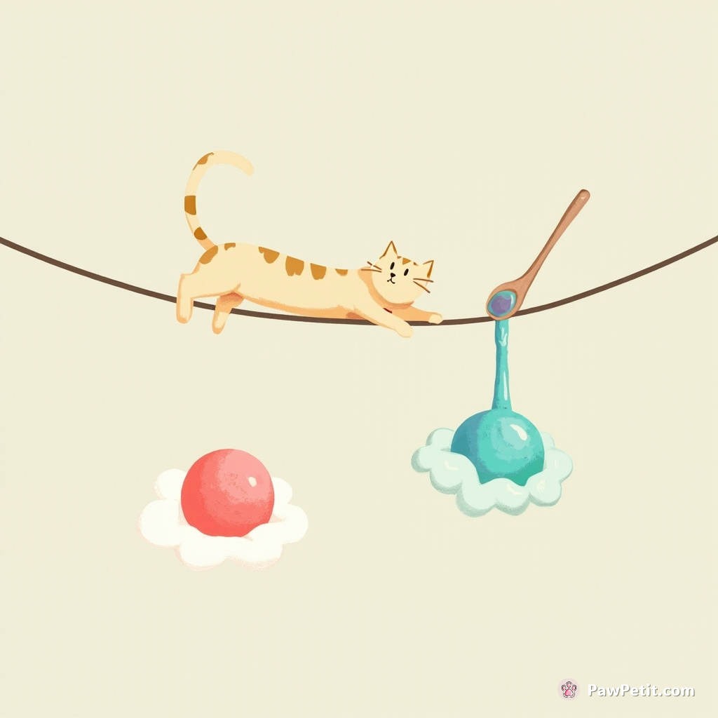 A tiptoeing cat on a tightrope connecting two floating bubble gum islands, deftly balancing a wooden spoon dipped in iridescent ink with its tail.