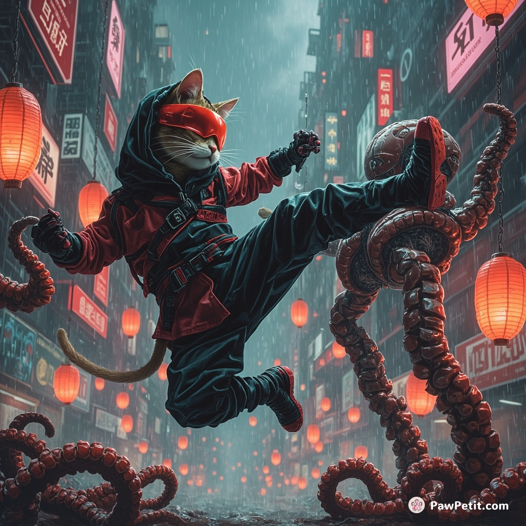 Neon futuristic ninja cat performing a mid-air kick on an assembling robot octopus in a rain-soaked cyber-city littered with Japanese lanterns.