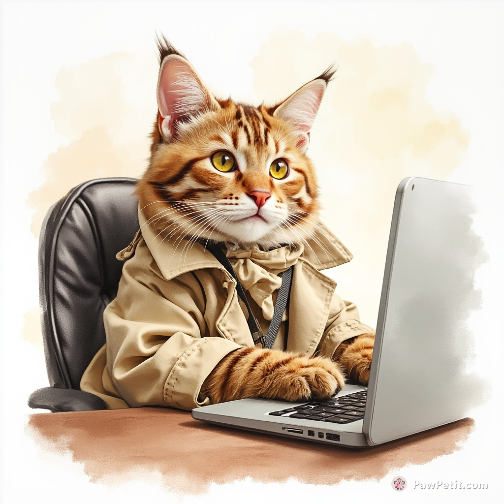 The cat, donning a small trench coat, slipped into an office chair and began to motion typing with its paws.