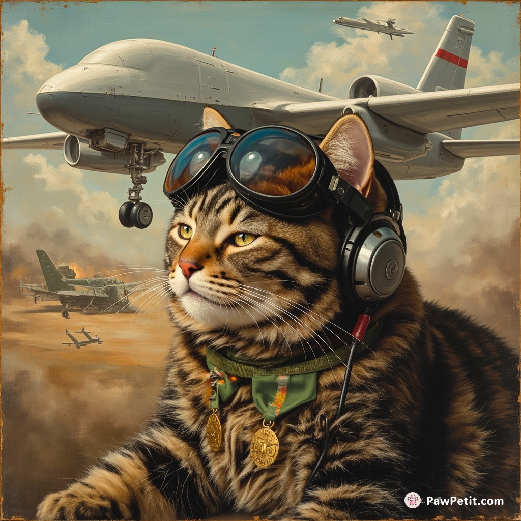 A sleepy tabby accidentally navigates military drone to enemy base, hailed a war hero with medals adorning nimble pounces.