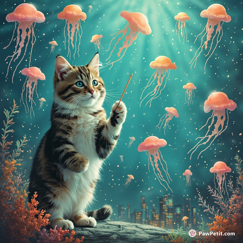 Cat conducting a symphony of psychedelic jellyfish in an underwater city.