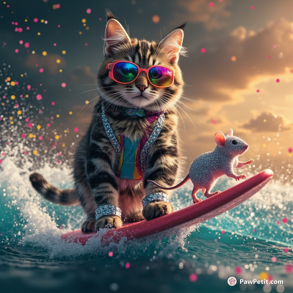 A cat surfing a rainbow wave with a crystallised mouse in its paw, wearing neon sunglasses and silver speedos under the confetti rain.