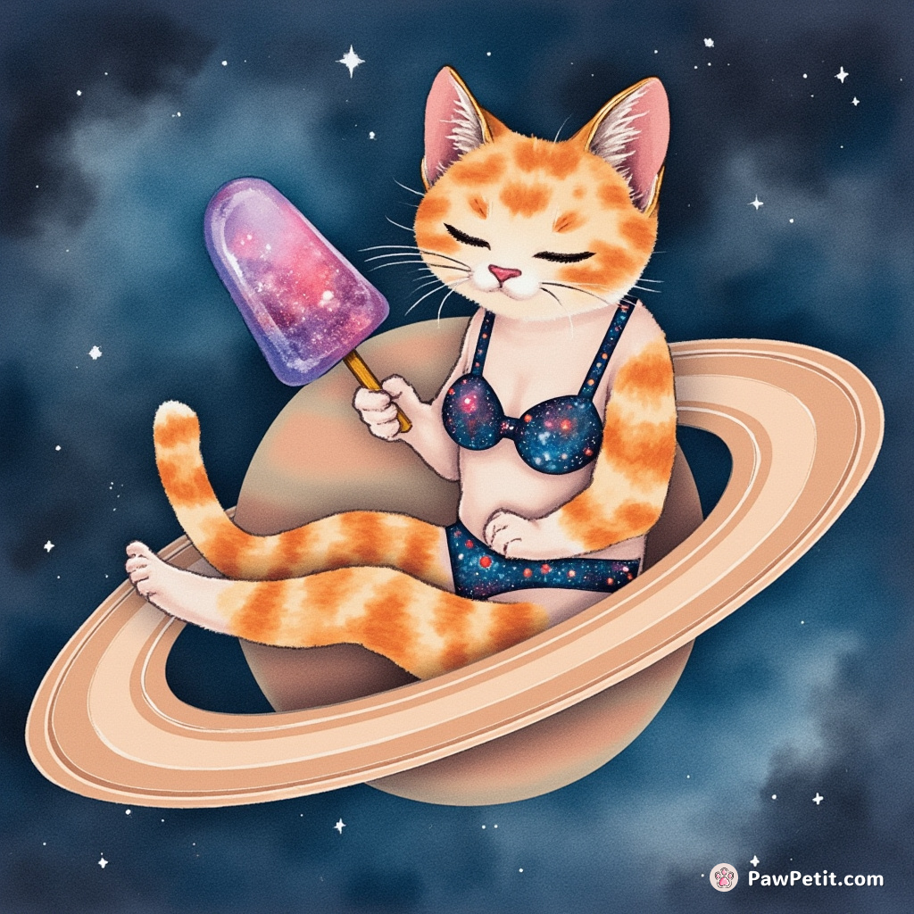 A floating cosmic cat in a galaxy-patterned bikini eating a fish-shaped popsicle on Saturn's ring.