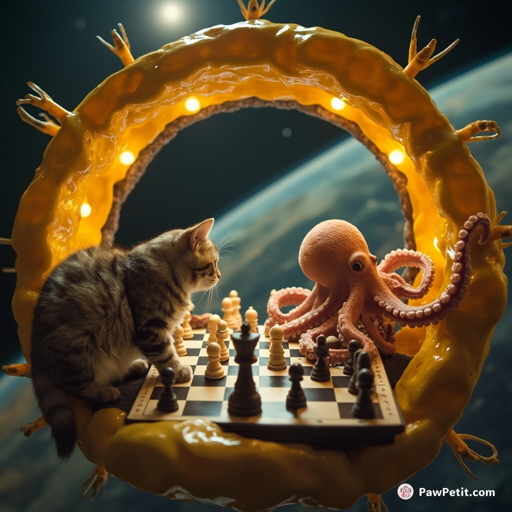 A cat playing a game of chess with an octopus inside a floating cheese wheel spaceship in outer space.