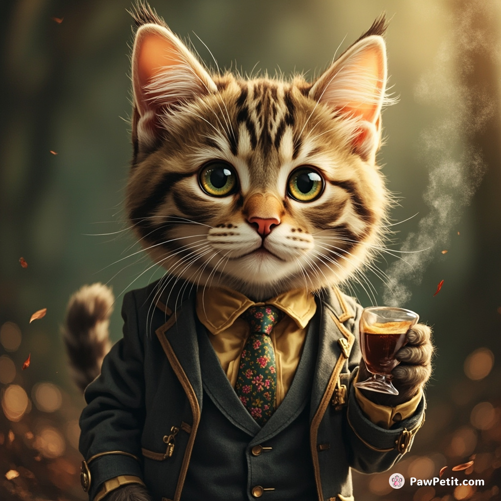 Whiskers the cat dons a tiny suit, perfecting his "business meow" as he sips imaginary coffee from a thimble.