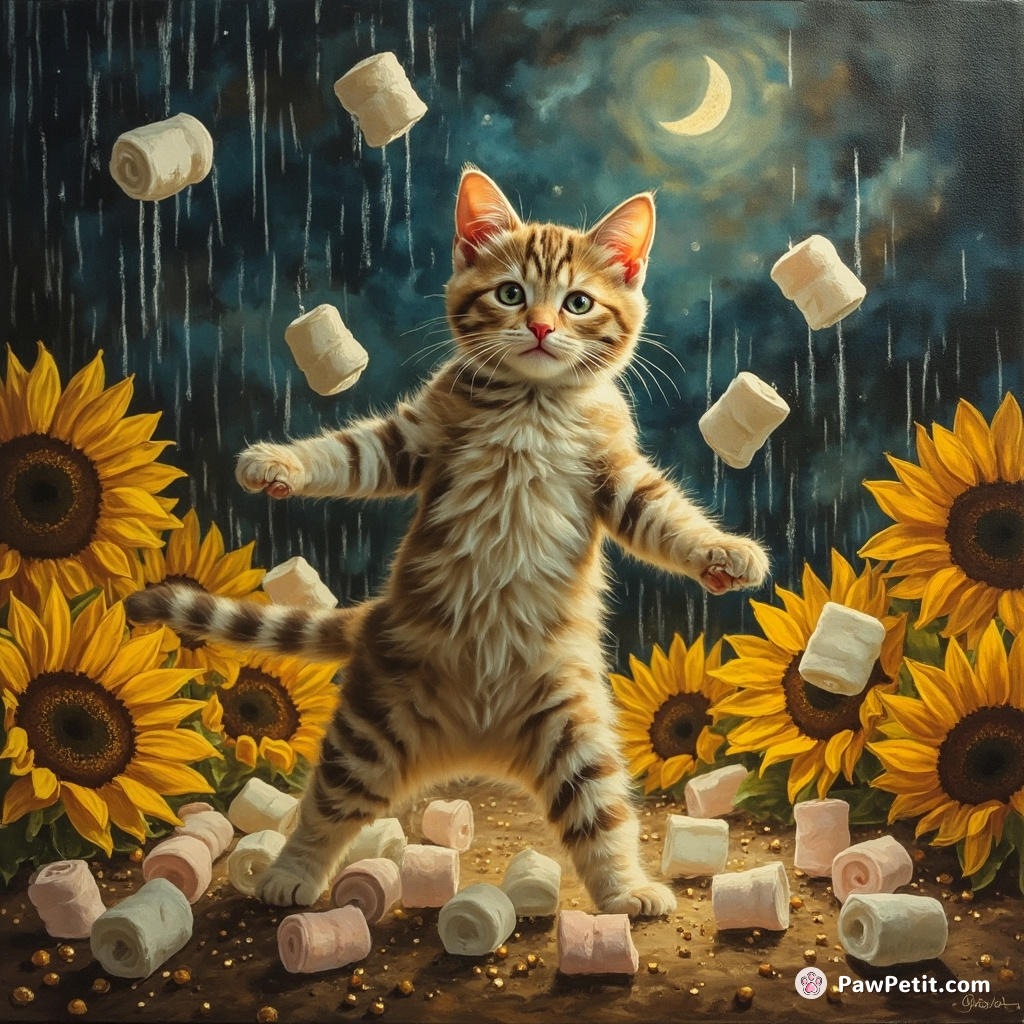 A cat moonwalking on sunflowers in a marshmallow rain storm.