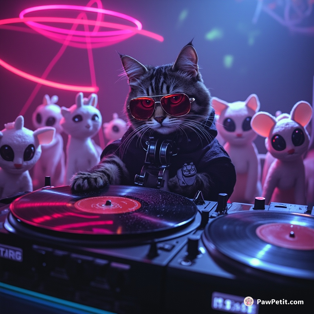 A galactic cat DJ spinning vinyl galaxies at a cosmic rave surrounded by dancing alien-mice.